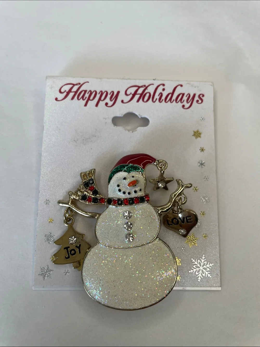 Glitter Snowman Holiday Brooch with Red Hat and Joy/Love Charms - Unbranded‎